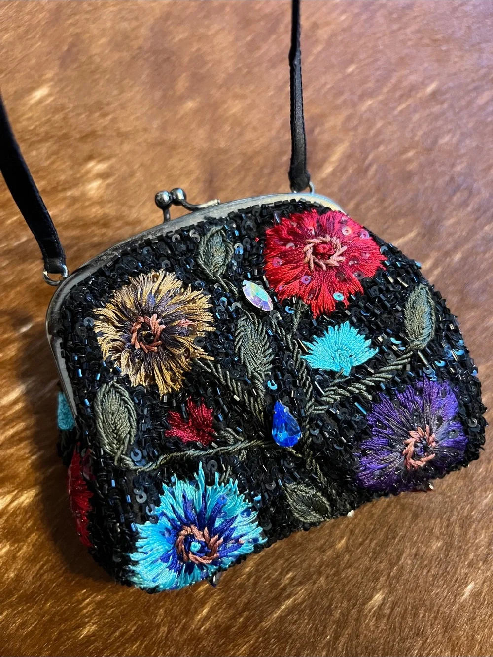 Santi Embroidered Black Floral Sequin Wristlet